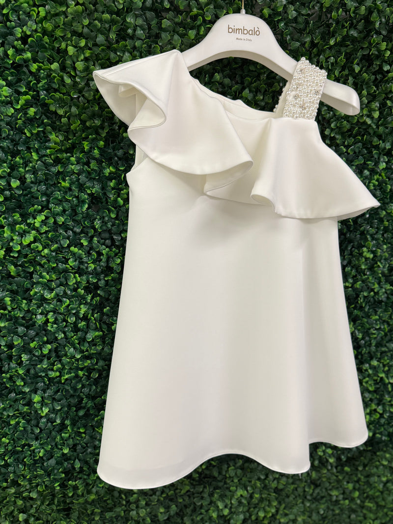 Bimbalo’ Girls' White Crepe Asymmetrical Dress with Rhinestone and Pearl Accento
