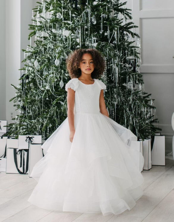 Teter Warm White Lace Bodice Layered Tulle Gown ES12 7X (14) / White Teter Warm White Lace Bodice Layered Tulle Gown ES12 7X (14) / White