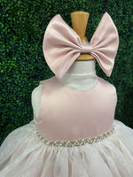 Nan & Jan Blush Satin and Organza Dress with Pearl and Rhinestone Belt