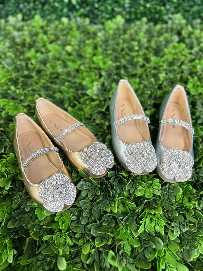 Nina Girls’ Metallic Flat with Rhinestone Rosette - Izzy