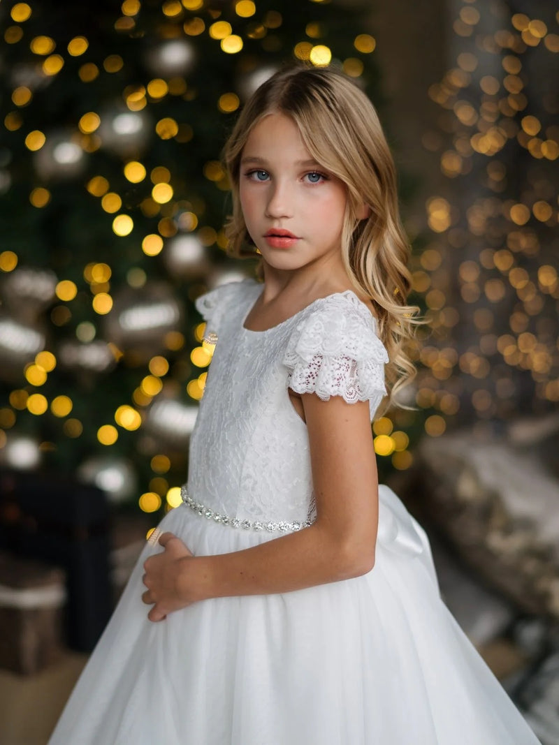Teter Warm Lace Cap Flutter Sleeve Tiered Gown SK45