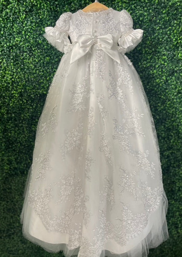 white baptism dress for women Piccolo Bacio Couture Girls' Baptism Gown Sabrina White – Sara's Children's Boutique