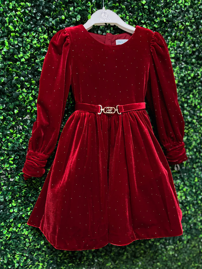 Abel & Lula Girls’ Ruby Red Velvet Studded Dress 5536