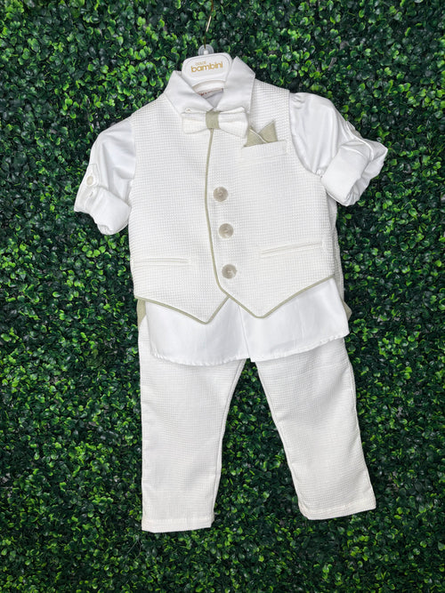 Dolce Bambini Boys' 6 Piece White and Sage Suit Hat Set