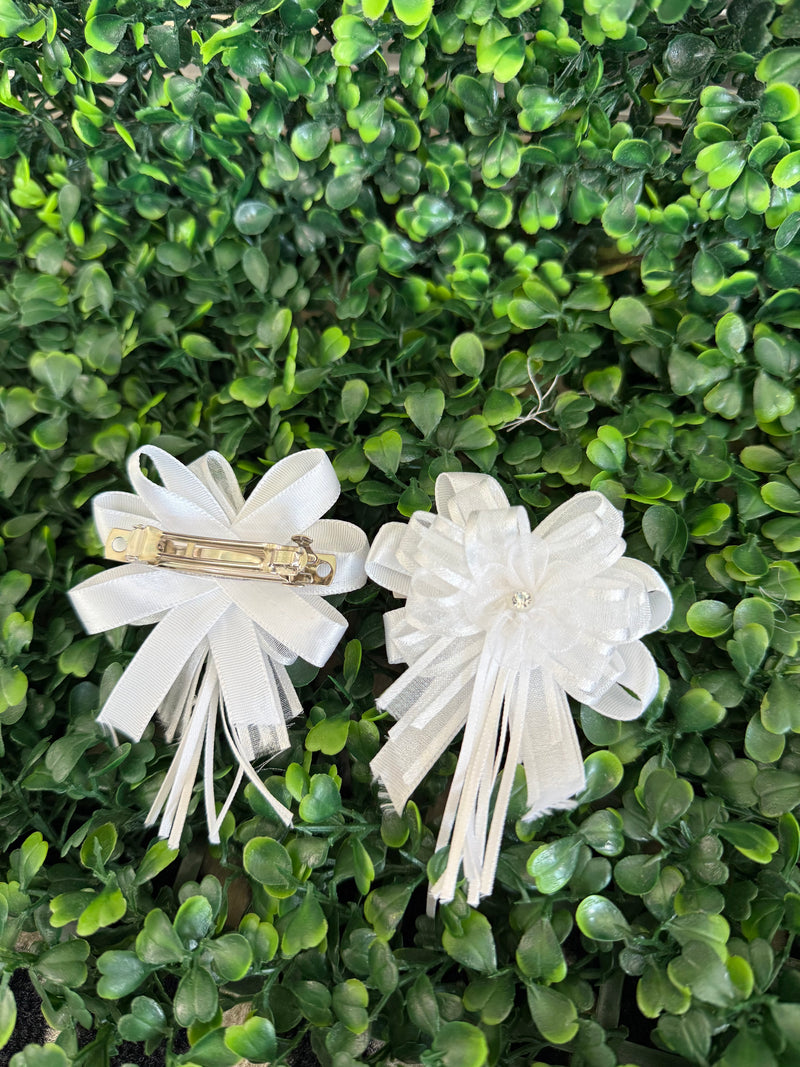 White Satin and Tulle Flower Clip Set