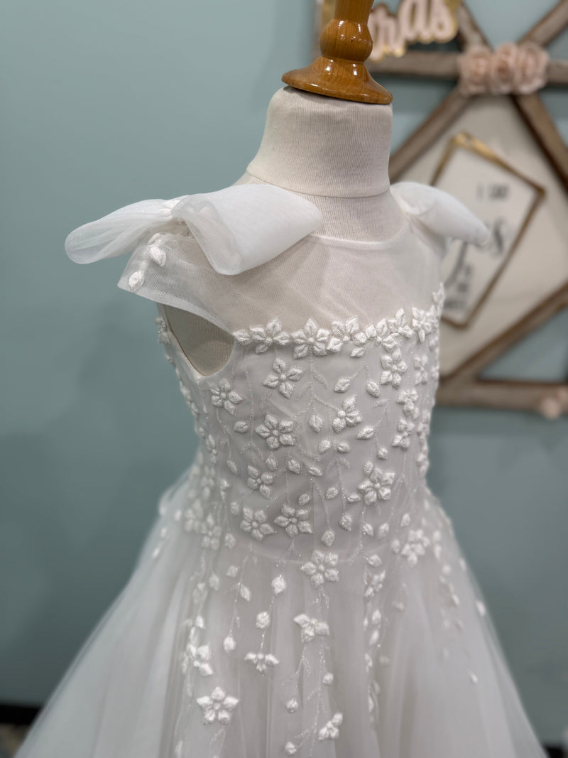 Michelina Bimbi Floral Embroidery Bow Shoulder Communion A-lineGown J4211