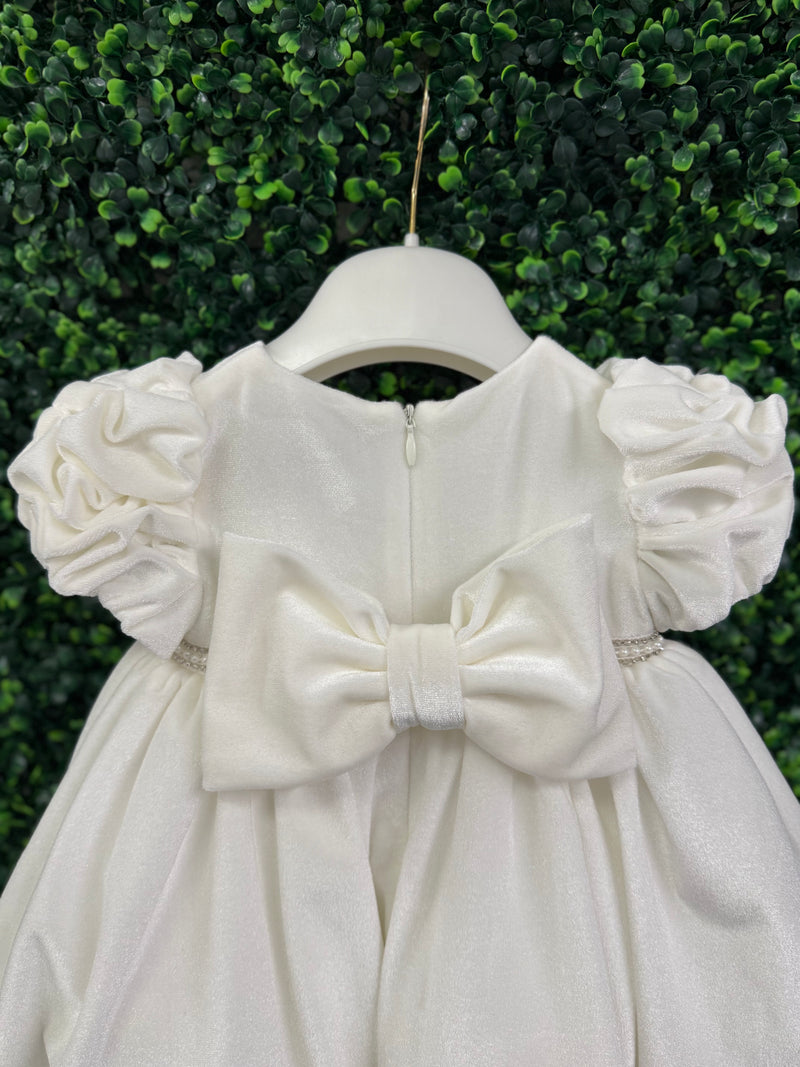 Bimbalo’ Girls' White Velvet Dress with Rhinestone and Pearl Accent