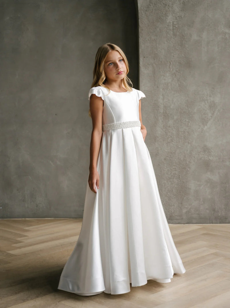 Teter Warm Satin Box Pleat Gown With Pearl Belt JK38 – Sara's Children's  Boutique