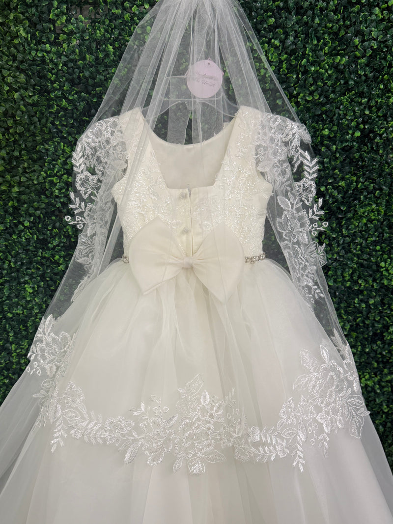 Nan & Jan Lace Penelope Communion Organza Dress with Rhinestone Flower