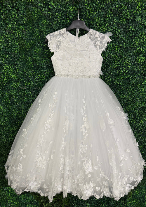 white christmas dresses Puffed Long Sleeves Sparkle Tulle Flower Girl Communion Dress Celestial 3221 Pre-Order 4 Years / Ivory