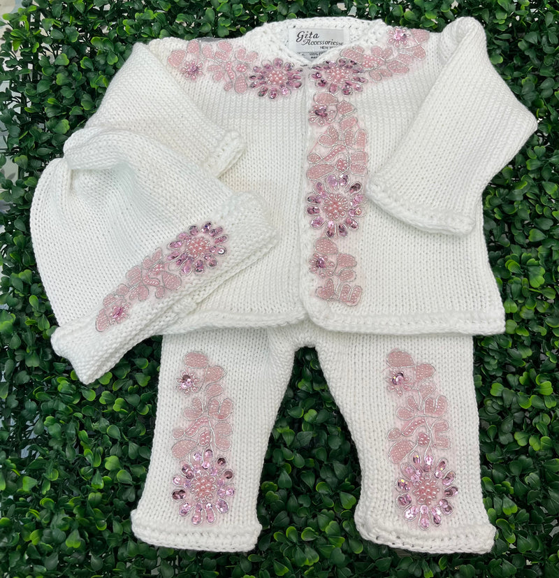 Cotton Knit with Floral Applique Sweater Set