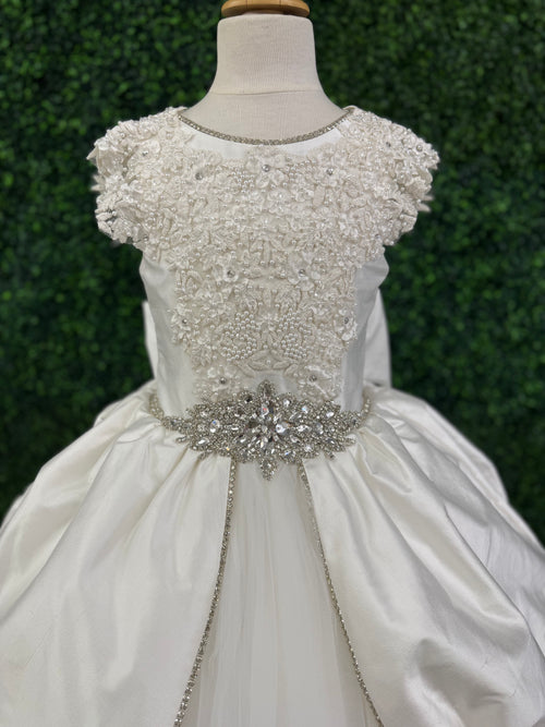 Piccolo Bacio Couture Pearl Beaded Floral Silk Gown Iris