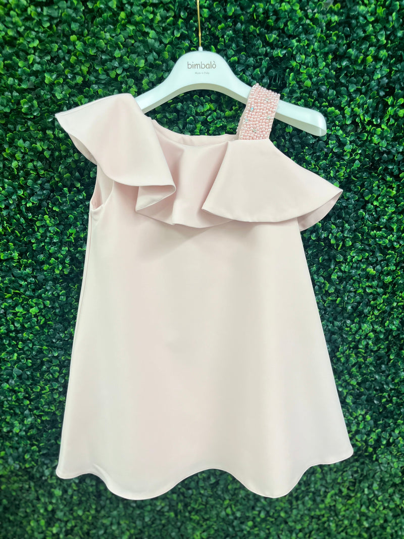 Bimbalo’ Girls' Crepe Asymmetrical Dress with Rhinestone and Pearl Accent