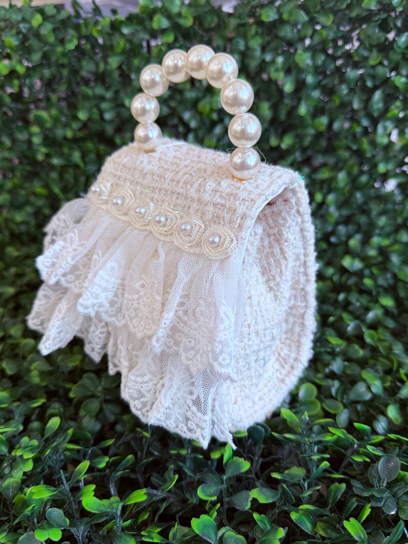 Girls’ Tweed and Lace Pearl Beaded Handle Purse