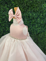 Nan & Jan Blush Satin and Organza Dress with Pearl and Rhinestone Belt