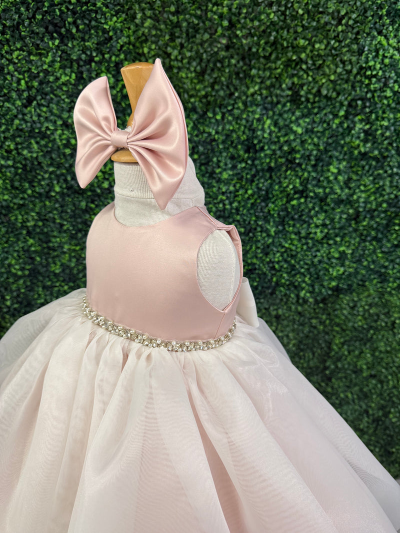 Nan & Jan Blush Satin and Organza Dress with Pearl and Rhinestone Belt