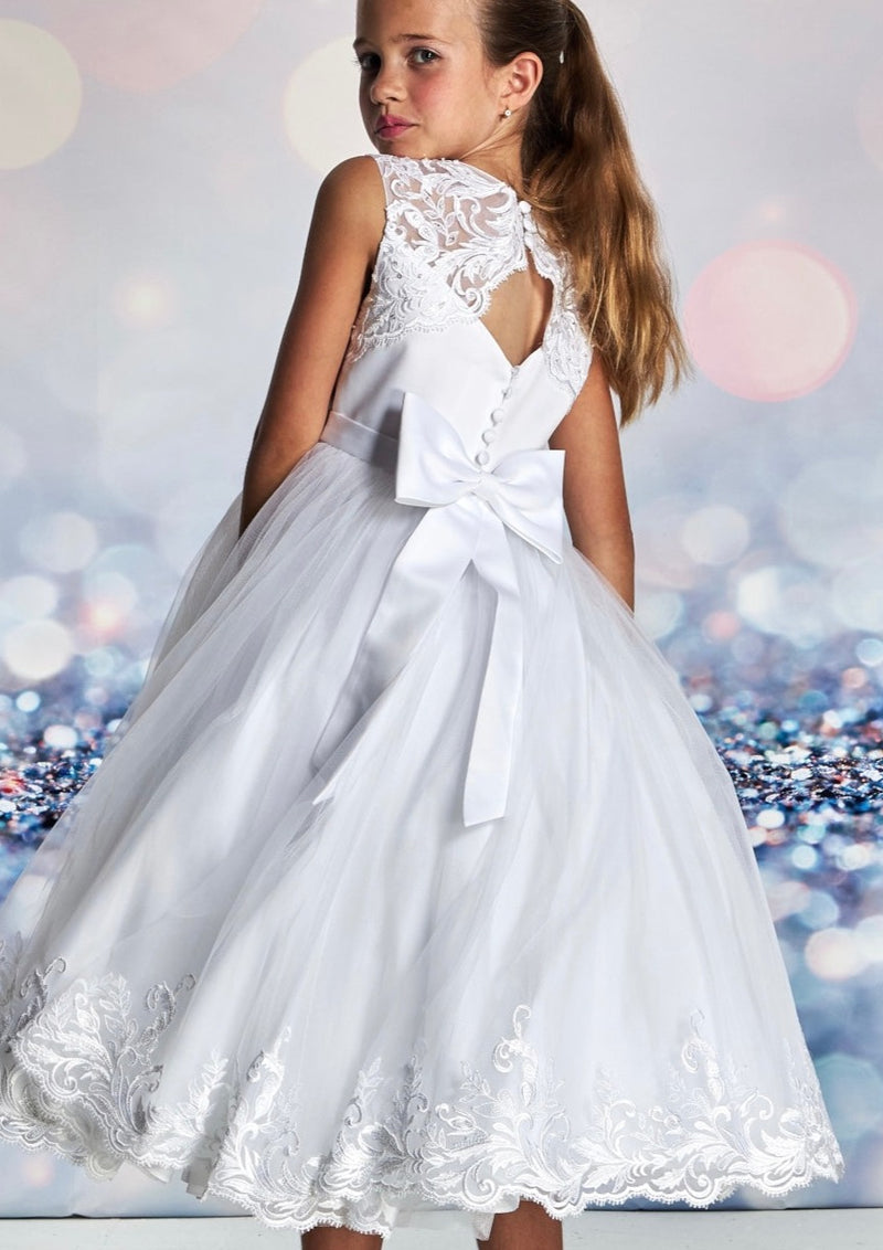 Joan Calabrese Satin and Lace Tea Length Dress With Lace Scallop Hem 1 Sara's Children's Boutique Joan Calabrese Satin and Lace Tea Length Dress With Lace Scallop Hem 1 Sara's Children's Boutique