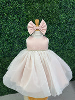 Nan & Jan Blush Satin and Organza Dress with Pearl and Rhinestone Belt