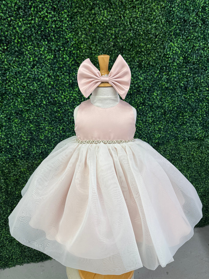 Nan & Jan Blush Satin and Organza Dress with Pearl and Rhinestone Belt