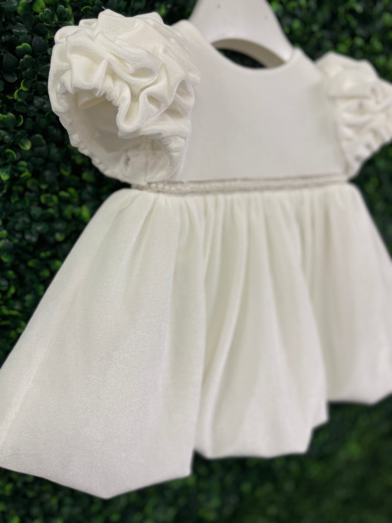 Bimbalo’ Girls' White Velvet Dress with Rhinestone and Pearl Accent