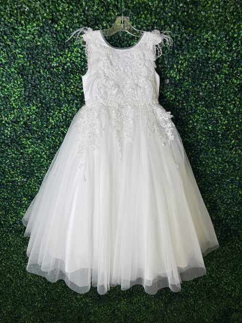 Princess Daliana Girls’ Diamond White Floral Feathered Party Dress D24187
