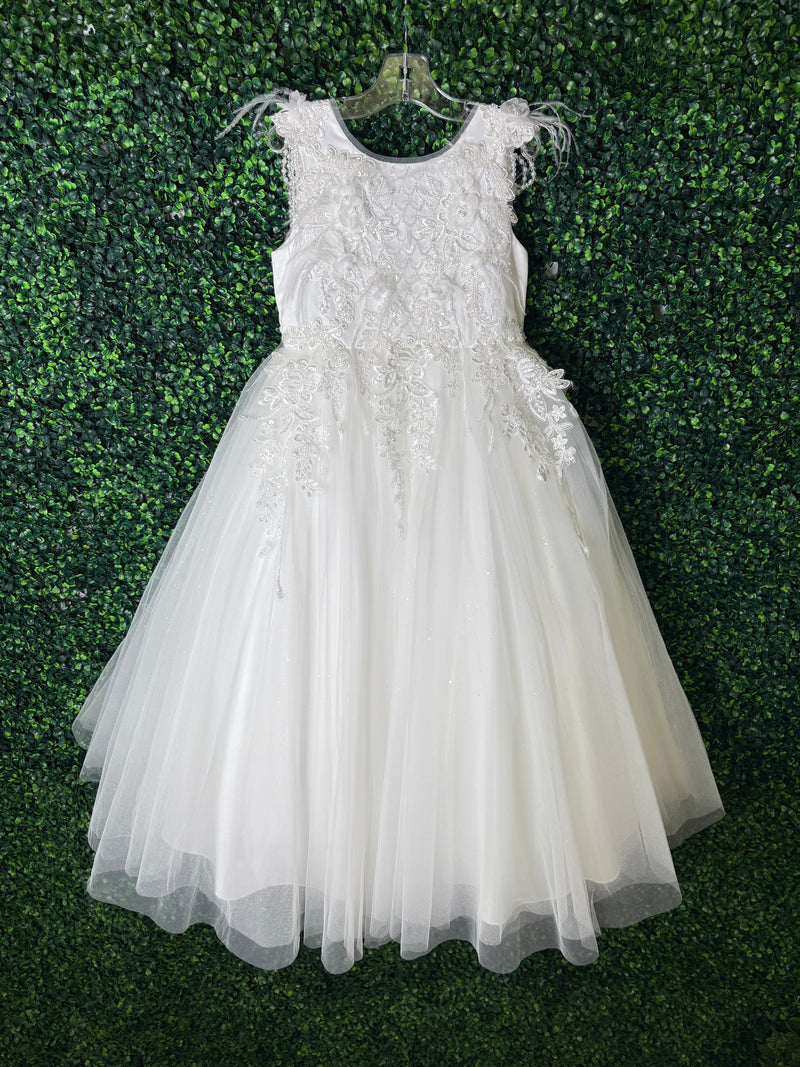 Princess Daliana Girls’ Diamond White Floral Feathered Party Dress D24187