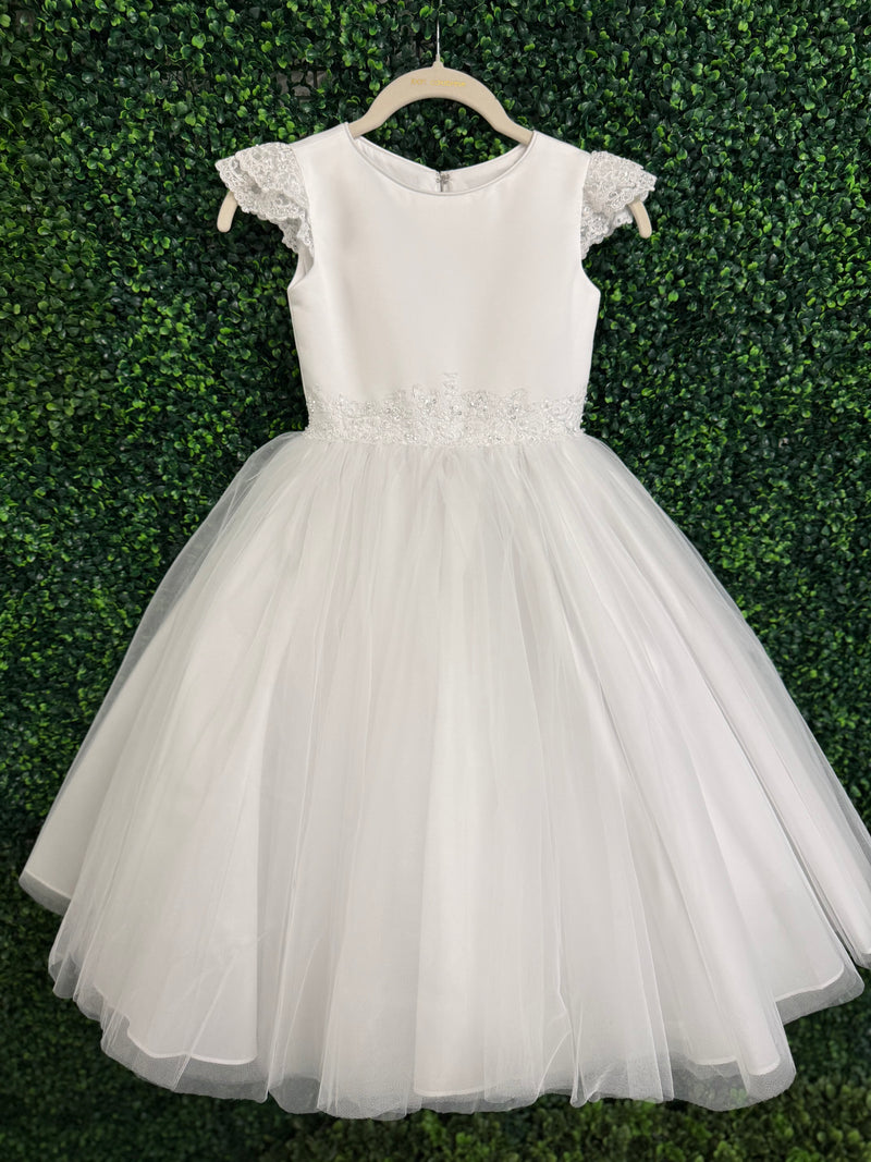 Joan Calabrese Beaded Lace Flutter Sleeve Tea Length Communion Dress 8 Sara's Children's Boutique Joan Calabrese Beaded Lace Flutter Sleeve Tea Length Communion Dress 8 Sara's Children's Boutique