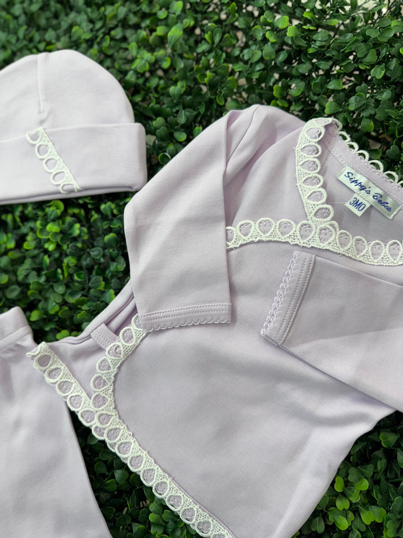 Sippy Baby Girls' Pima Cotton Lilac 3pc Crochet Lace Set