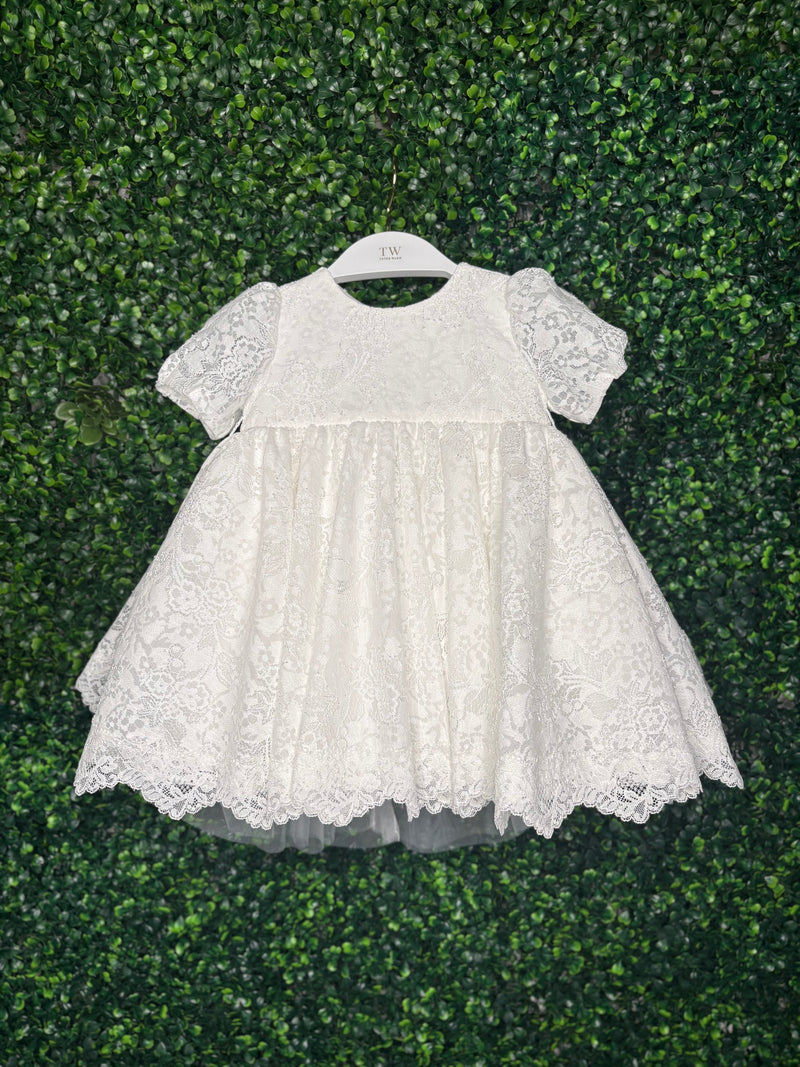 Teter Warm White Floral Lace Bodice Dress with Train