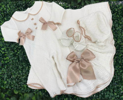 Dolce Goccia Baby Girls’ 4 Piece Taupe & White Layette Set