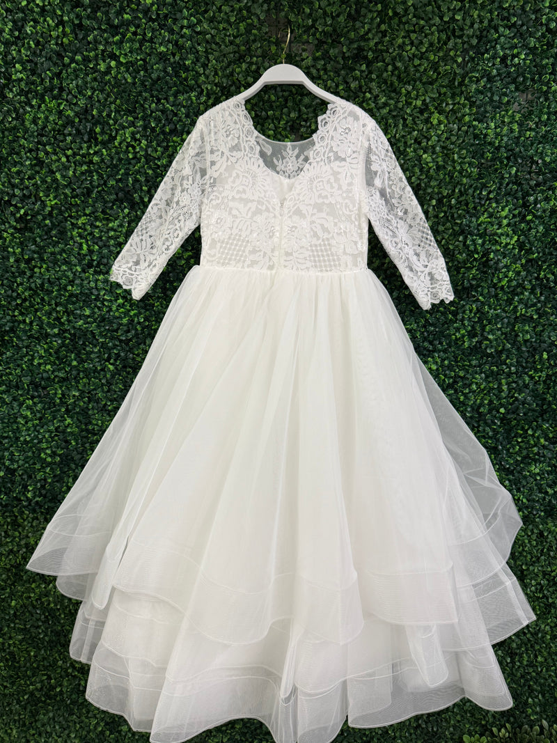 Teter Warm Elbow Sleeve Scallop Soft Lace Tiered Gown SK36