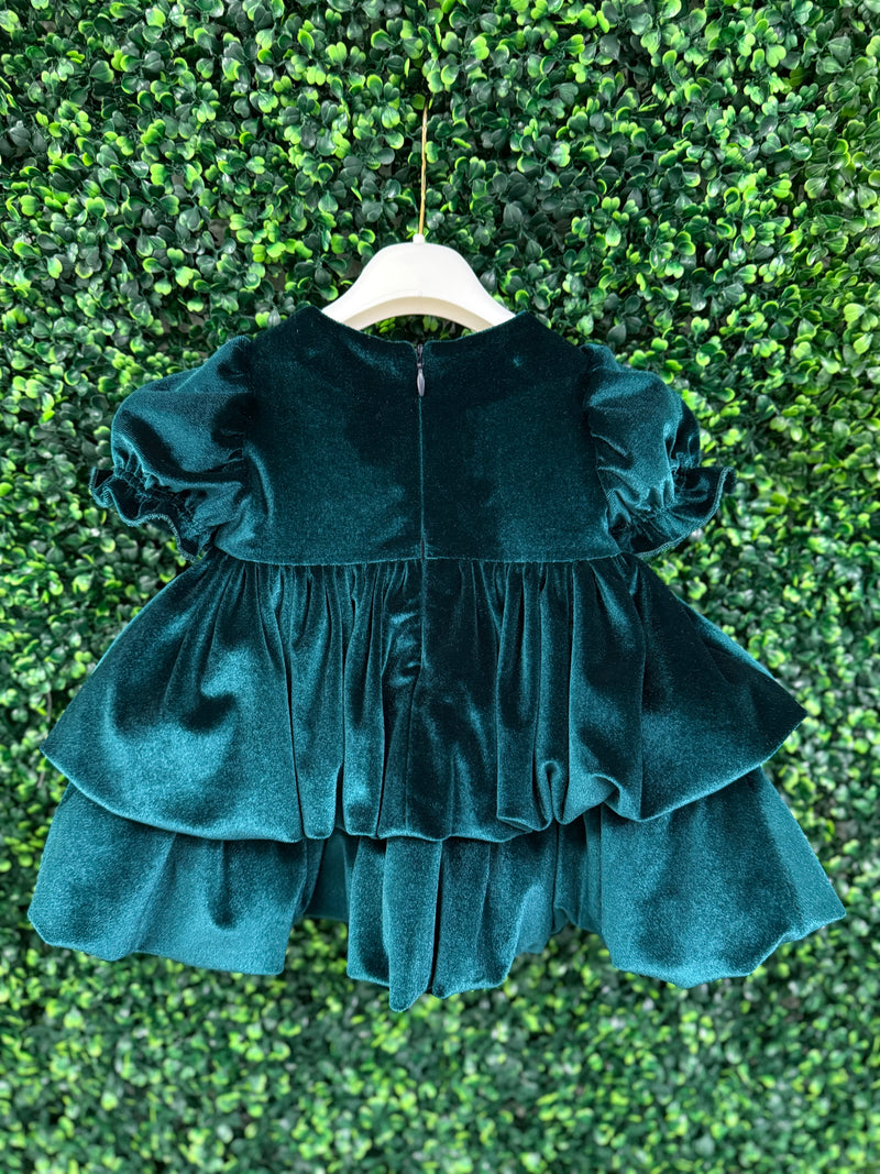 Bimbalo’ Girls' Emerald Velvet Crunch Sleeve Tier Bubble Dress with Bow