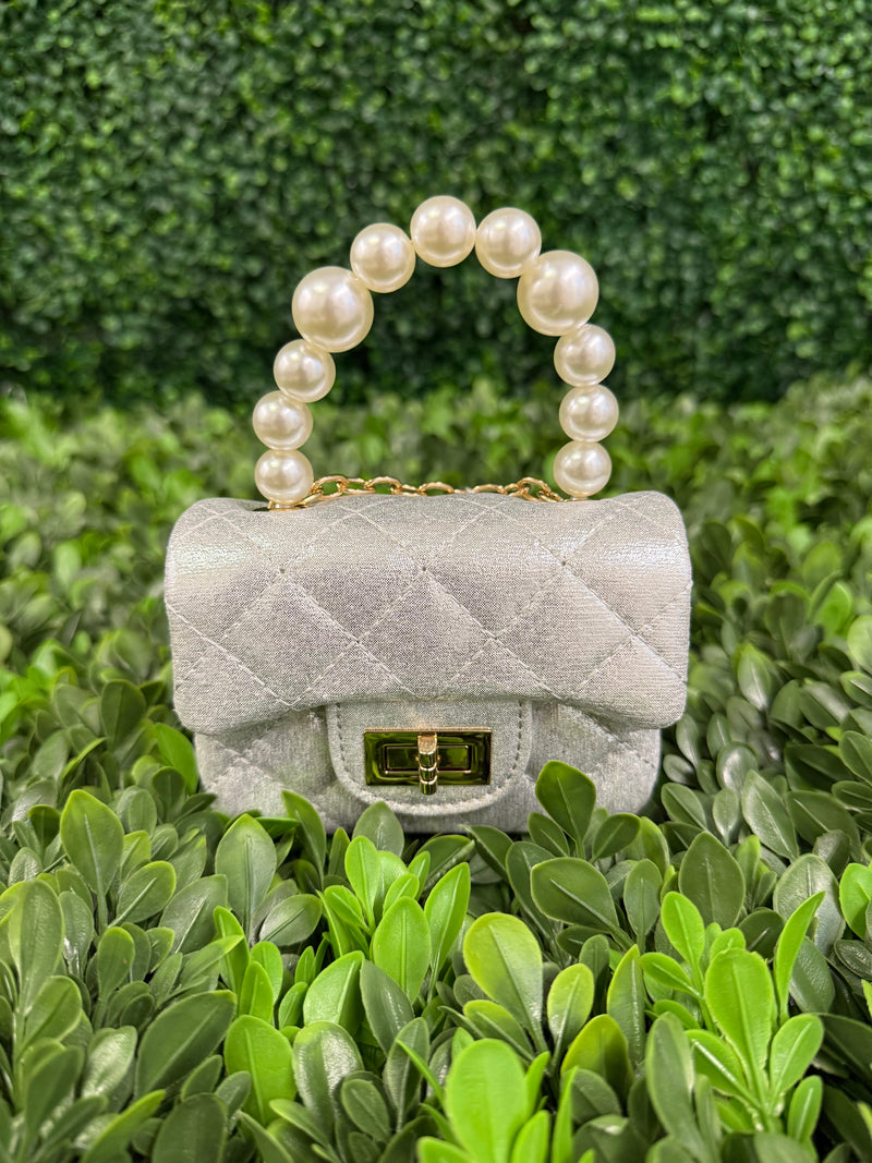 Girls’ Metallic Vegan Leather and Pearl Strap Crossbody Purse