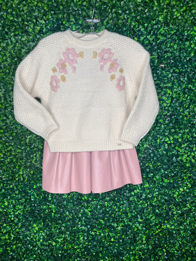 Mayoral Girl’s Floral Knit Sweater and Vegan Leather Skort Set 4354