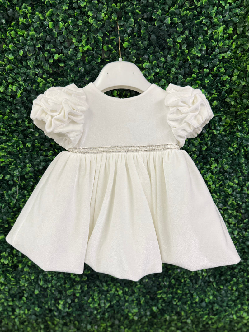 Bimbalo’ Girls' White Velvet Dress with Rhinestone and Pearl Accent