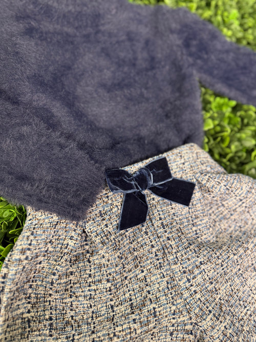 Mayoral Girls’ Fuzzy Knit Navy Sweater and Tweed Bow Shorts Set 4307