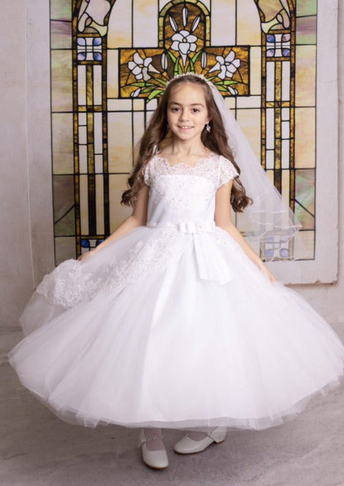 Sweetie Pie Tea Length Lace Communion Gown with Pearl Belt - 4054 – Sara's  Children's Boutique