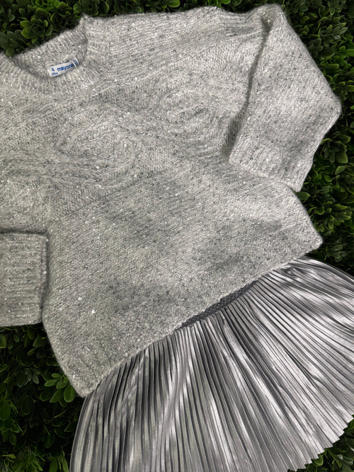Mayoral Girls’ Silver Shimmer Knit Sweater and Pleated Skirt Set 4306
