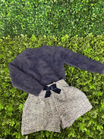 Mayoral Girls’ Fuzzy Knit Navy Sweater and Tweed Bow Shorts Set 4307