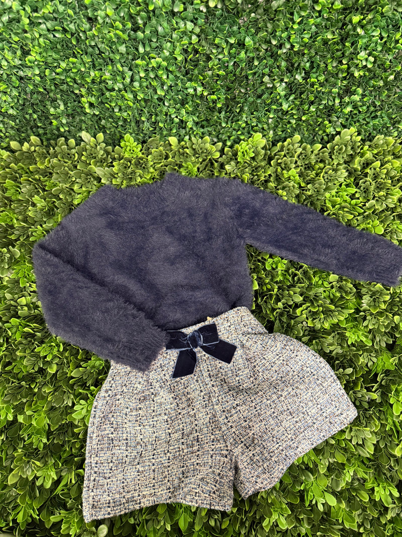Mayoral Girls’ Fuzzy Knit Navy Sweater and Tweed Bow Shorts Set 4307