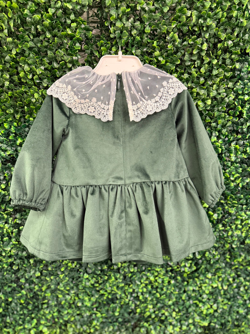 Martin Armanda Girls’ Velvet Green Lace Collar Shift Dress