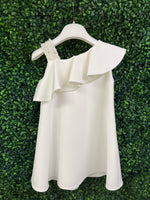 Bimbalo’ Girls' White Crepe Asymmetrical Dress with Rhinestone and Pearl Accento
