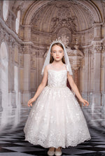 Princess Daliana Girls’ Pearl/Rhinestone Metallic Lace Communion Gown