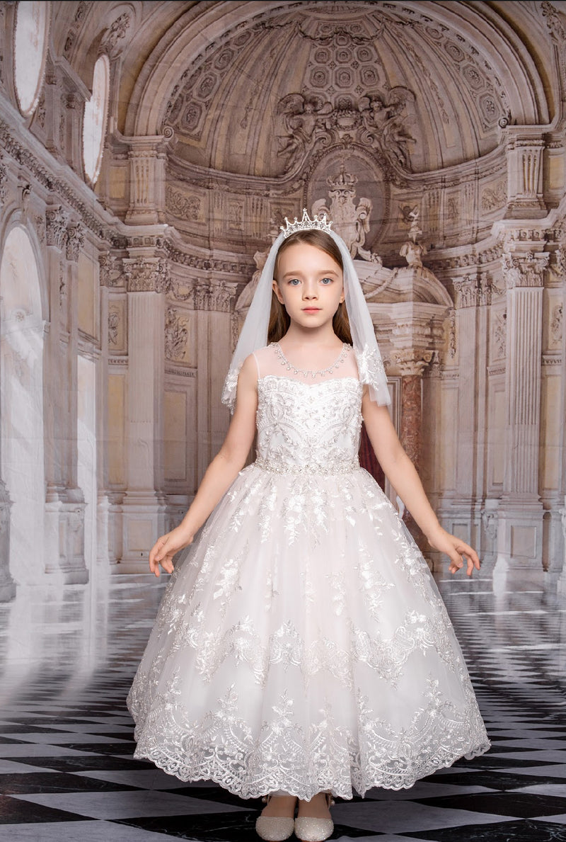 Princess Daliana Girls' Metallic Lace and Rhinestone Gown - Z23120 Sara's Children's Boutique Princess Daliana Girls' Metallic Lace and Rhinestone Gown - Z23120 Sara's Children's Boutique
