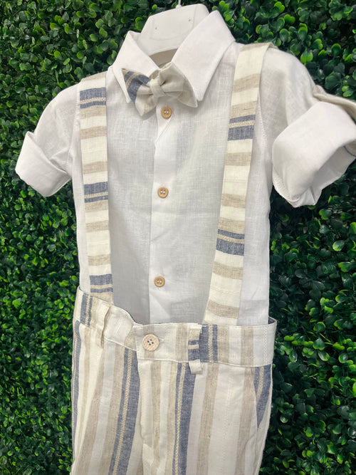 Michelina Bimbi Knit 3 Piece linen Striped Boys Suspender Short Set
