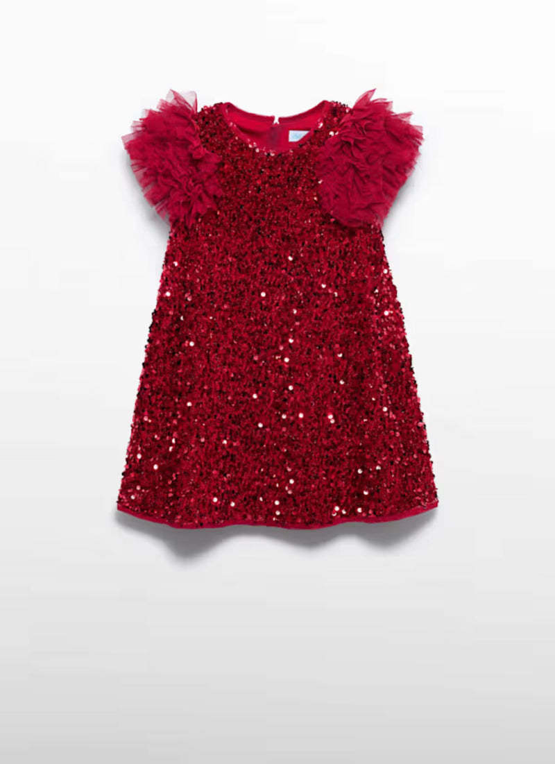 red sequin puff sleeve dress Vine & Love Sequin Velvet Puff Sleeve Mini Dress in Red
