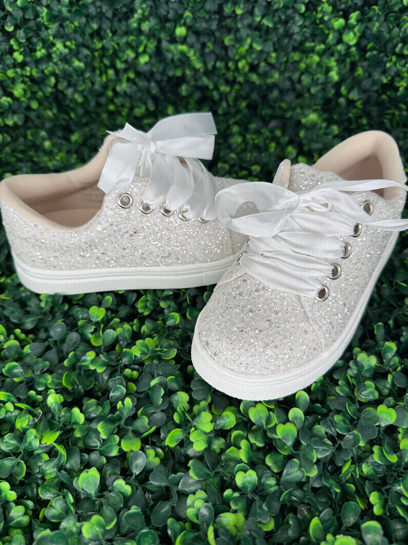 Girls’ White Glitter Sneaker with Ribbon Laces - S189B