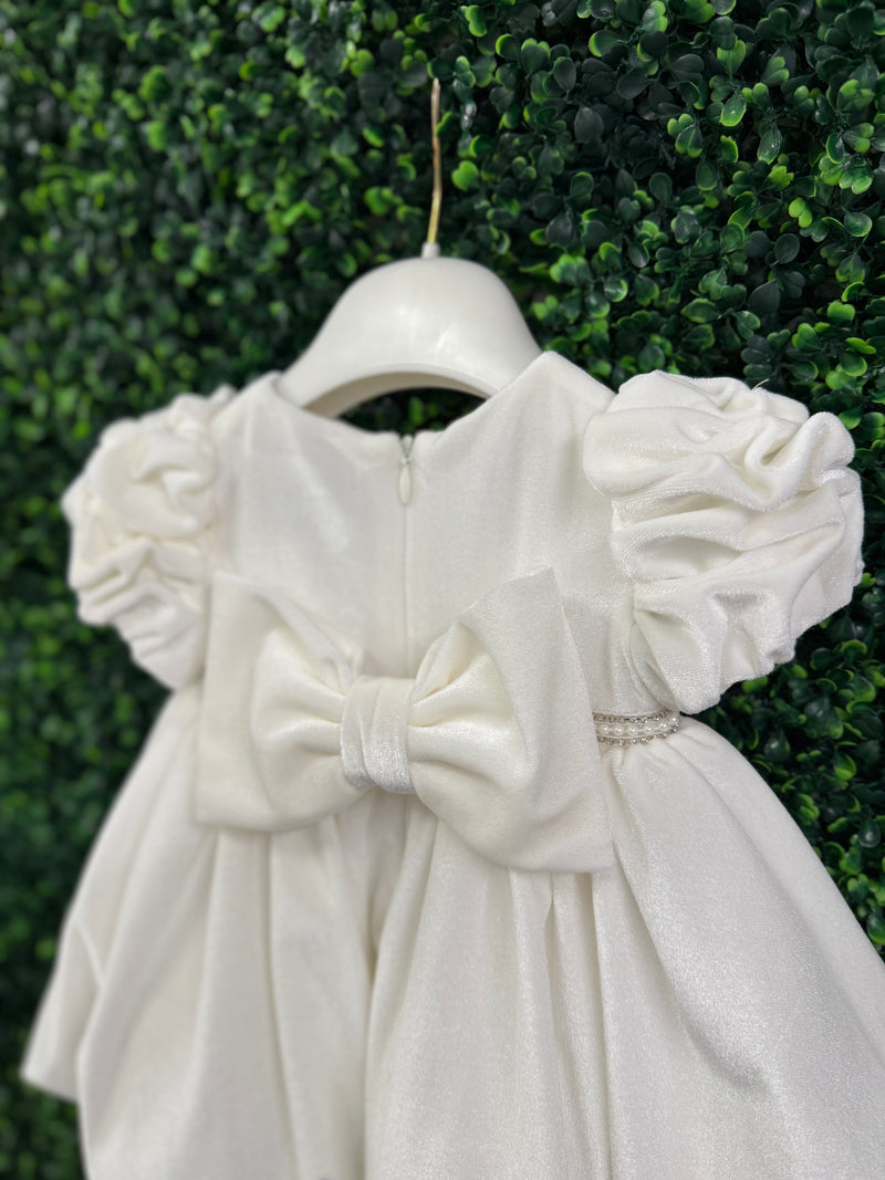 Bimbalo’ Girls' White Velvet Dress with Rhinestone and Pearl Accent