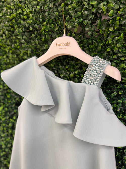Bimbalo’ Girls' Blue Crepe Asymmetrical Dress with Rhinestone and Pearl Accento