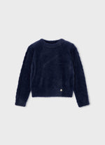 Mayoral Girls’ Fuzzy Knit Navy Sweater and Tweed Bow Shorts Set 4307